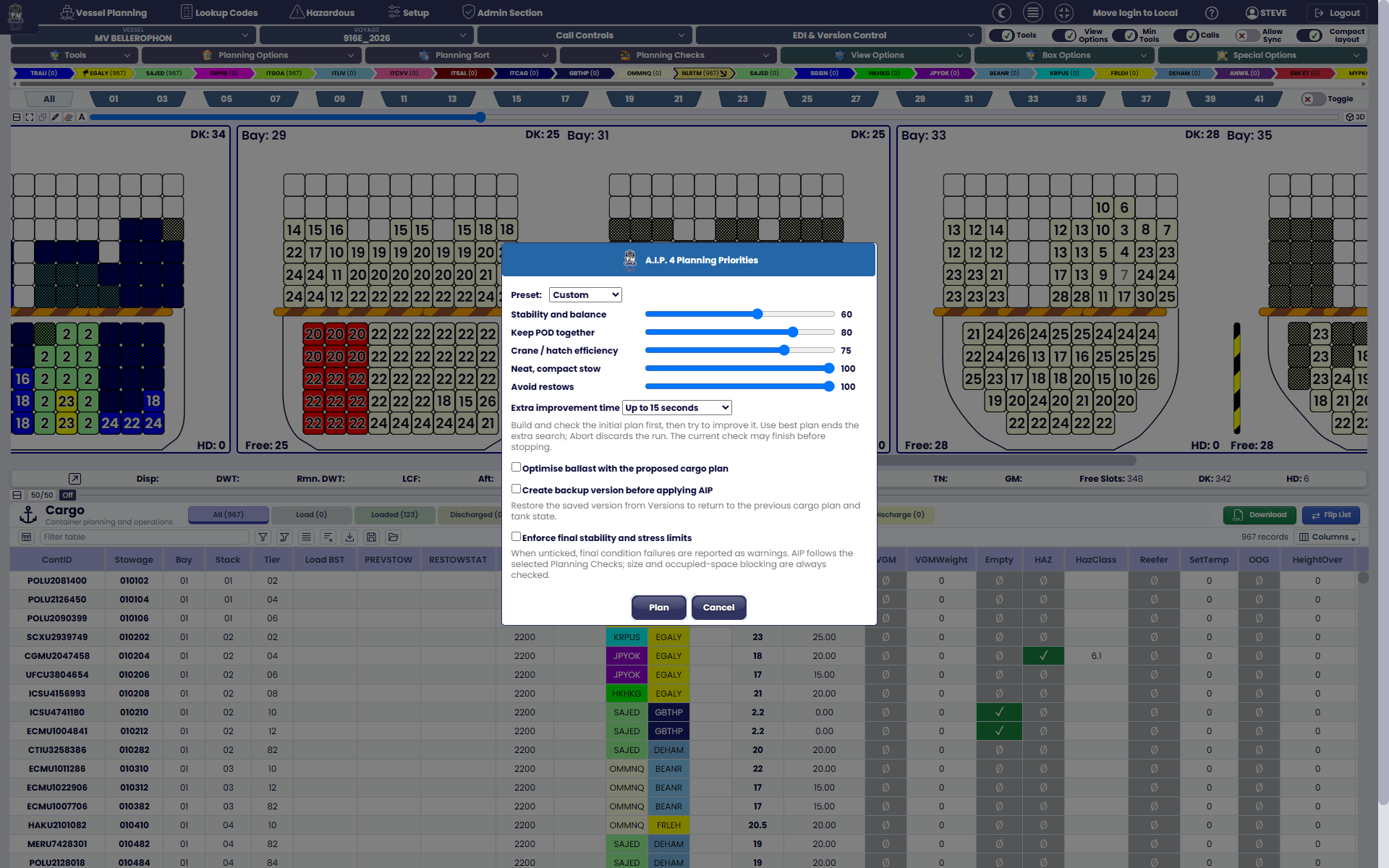 A.I.P. 4 planning priorities with sliders for stability, port grouping, crane efficiency, compact stowage and restows.